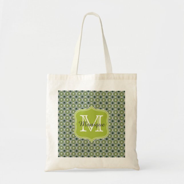 Monogram Gröna Blommor Mönster Tygkasse (Framsidan)