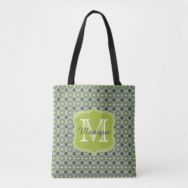 Monogram Gröna Blommor Mönster Tygkasse (Framsida)