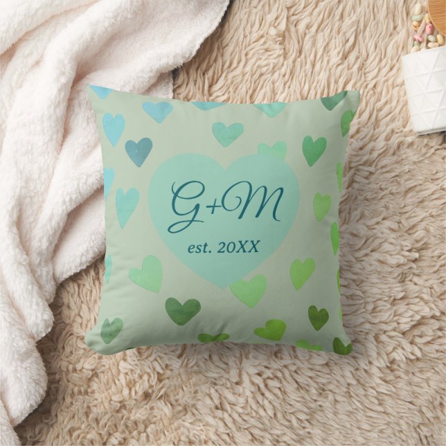 Monogram grönblå retro boho hjärtmönster kudde (Filt)