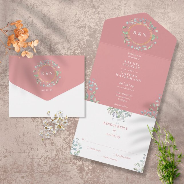 Monogram Grönska Blommig Dammrosa Bröllop (Skapare uppladdad)