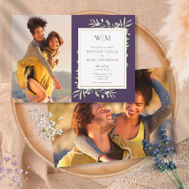 Monogram Grönska Lila Foto Bröllop Inbjudningar