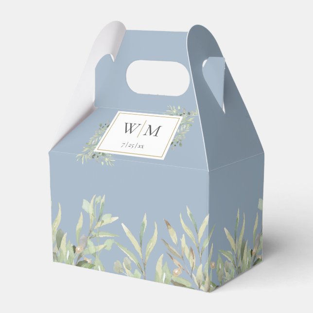 Monogram Grönska Lövverk Dammigt Blått Bröllop Presentaskar (Framsidan Sidan)