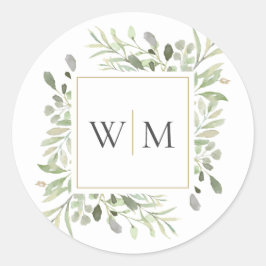 Monogram Grönska Modern Guld Bröllop Runt Klistermärke