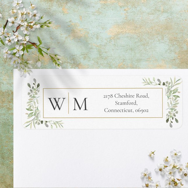 Monogram Grönska Vattenfärg BladAdress Returadress Etikett (Monogram Greenery Watercolor Foliage Address Label)