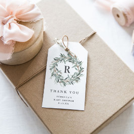 Monogram grönskande krans Baby Shower Tack Presentetikett