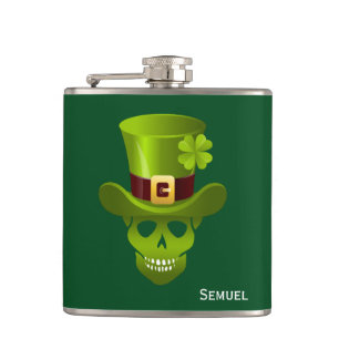 Monogram Grönt 4 Löv Shamrock Skull och Grönt Hat Fickplunta
