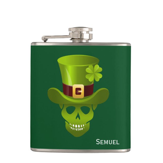 Monogram Grönt 4 Löv Shamrock Skull och Grönt Hat Fickplunta (Framsidan)