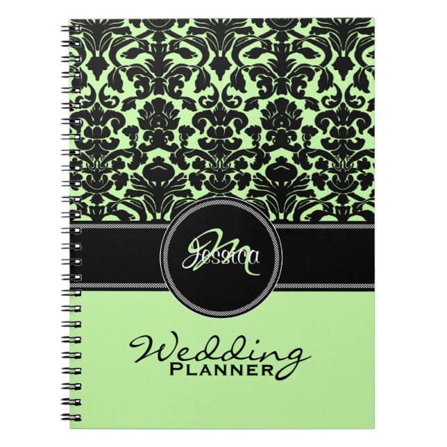 Monogram Grönt Black White Damask bröllopsplan Anteckningsbok (Framsidan)