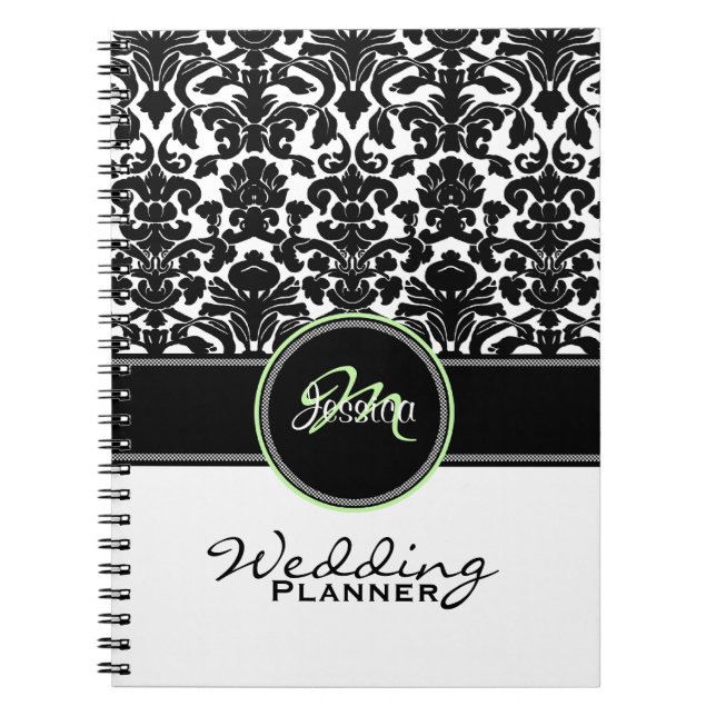 Monogram Grönt Black White Damask bröllopsplan Anteckningsbok Med Spiral (Framsidan)