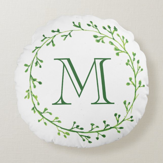 Monogram Grönt Bladkrans Rund Kudde (Framsidan)
