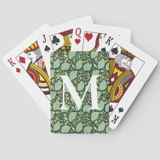 Monogram grönt blommigt blocktryck spelkort (Baksidan)