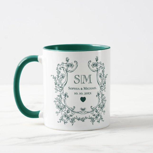 Monogram Grönt Blommigt Krans Bröllop Mugg (Vänster)
