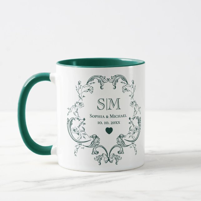 Monogram Grönt Blommigt Krans Bröllop Mugg (Vänster)