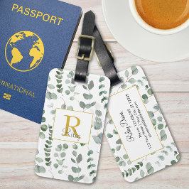 Monogram Grönt Eucalyptus Lövs Greenery Mönster Bagagebricka