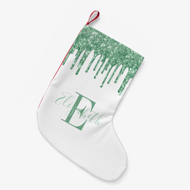 Monogram Grönt Faux Glitter Dricks White Liten Julstrumpa (Framsidan (Hängande))