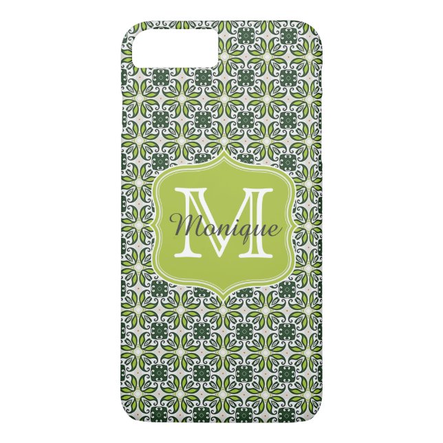 Monogram Grönt Flowers Mönster Case-Mate iPhone Skal (Baksida)