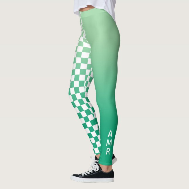 Monogram Grönt Gradient White Checkated Mönster Leggings (Vänster)