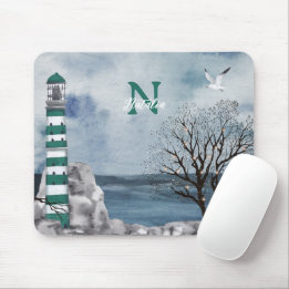 Monogram Grönt Lighthouse Watercolor Art Musmatta