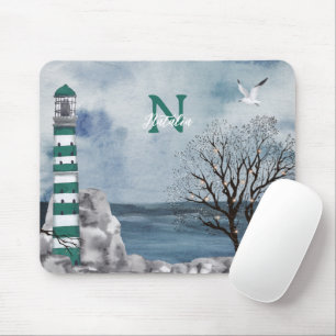 Monogram Grönt Lighthouse Watercolor Art Musmatta