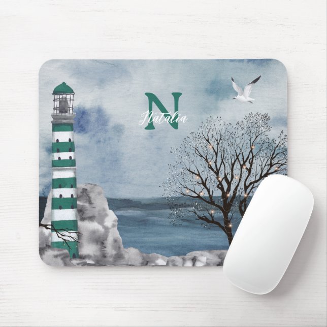 Monogram Grönt Lighthouse Watercolor Art Musmatta (Med mus)
