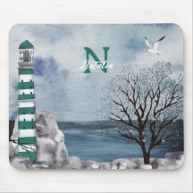 Monogram Grönt Lighthouse Watercolor Art