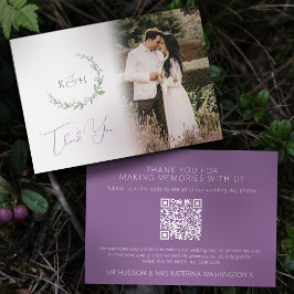Monogram grönt lila berry bröllop-foto QR-kod Tack Kort