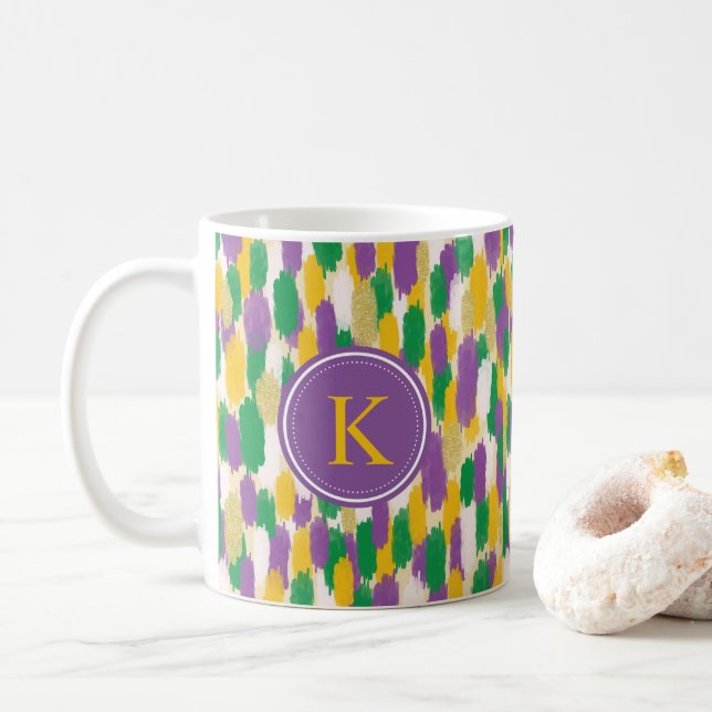 Monogram Grönt Lila Gult Brushstrokes Mönster Kaffemugg (Med munk)