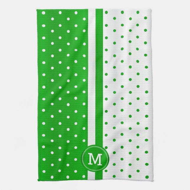 Monogram grönt och vitt polkadot kökshandduk (Vertikal)