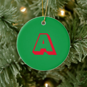 Monogram grönt röd anpassningsbar - första jul julgransprydnad keramik