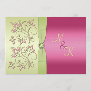Monogram Grönt Rosa Blommigt bröllopsinbjudan Inbjudningar