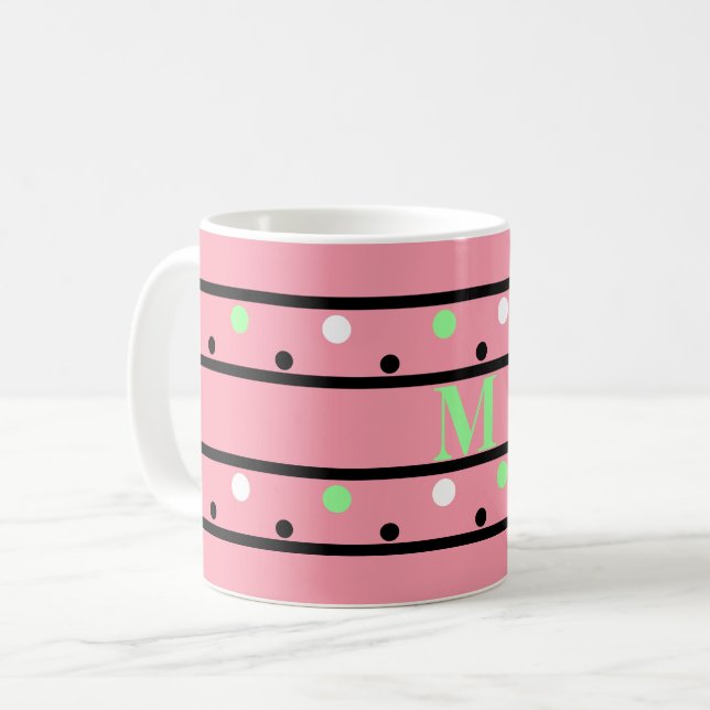Monogram Grönt Rosa White Polka dots Kaffemugg (Framsida vänster)