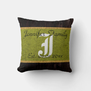 Monogram Grönt Rustic Burlap Linen Wood-utseende Kudde