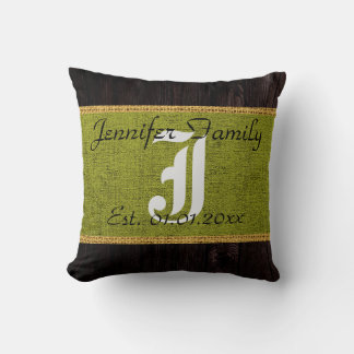Monogram Grönt Rustic Burlap Linen Wood-utseende Kudde