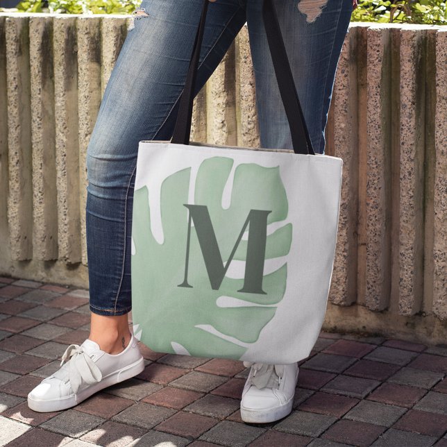 Monogram Grönt Tropical Handflatan Löv Anpassnings Tygkasse (Tropical Palm Leaf Monogram Tote Bag.)