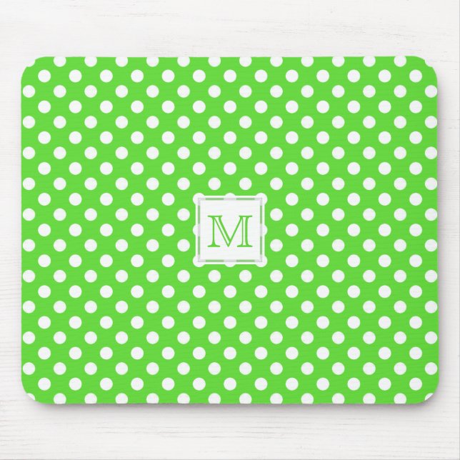 Monogram: Grönt & vit Polka-Pricker Mousepad Musmatta (Framsidan)