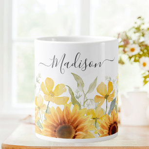 Monogram Gul Blomma Solros Blommig Botanisk Jumbo Mugg