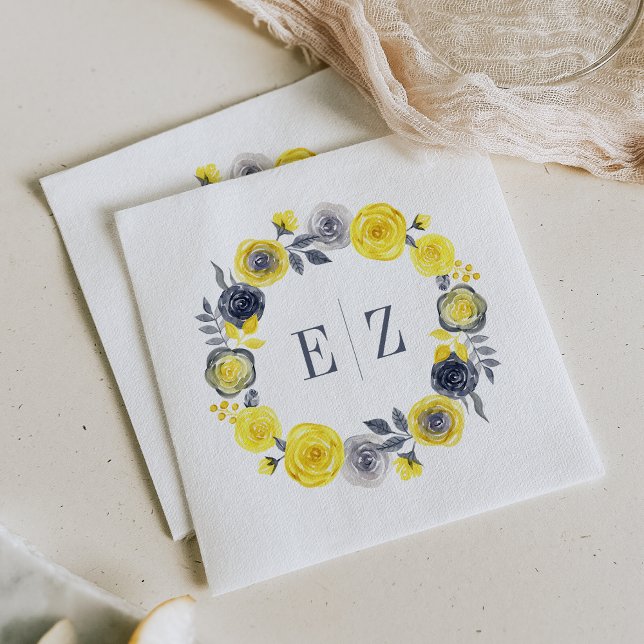 Monogram Gul Grå Boho Blommig Krans Bröllop Pappersservett (Skapare uppladdad)
