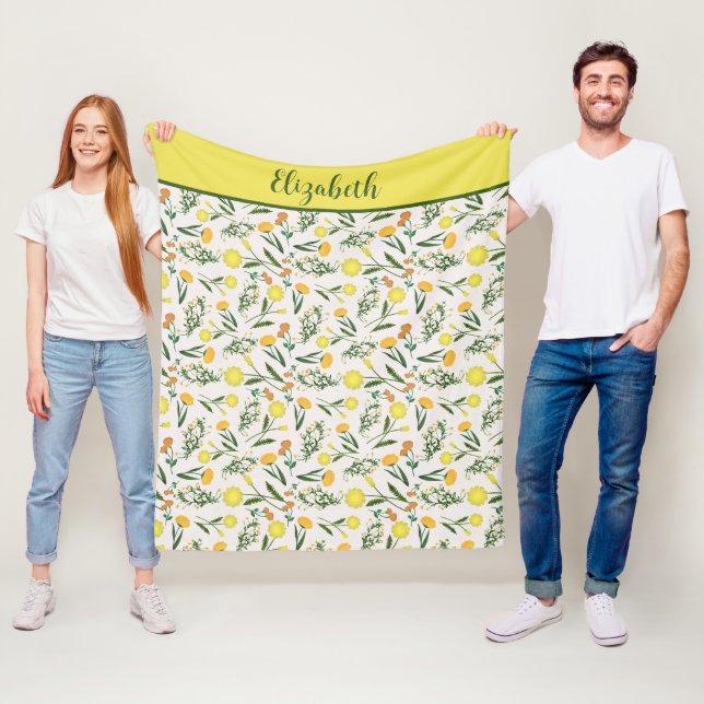 Monogram Gul Orange Grön Blommig Boho Trendig Fleecefilt (På plats)