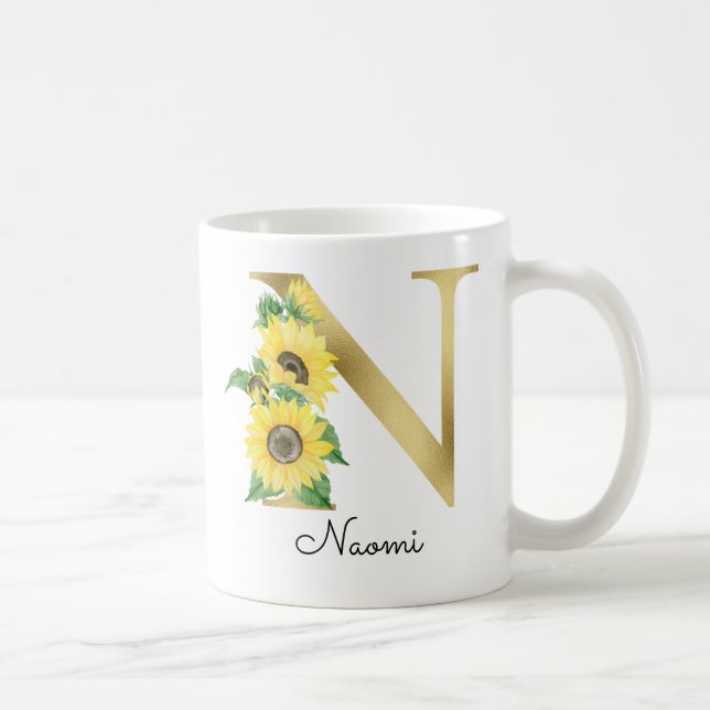 Monogram Gul Solros Flickaktig Blommig Initial N Kaffemugg (Höger)