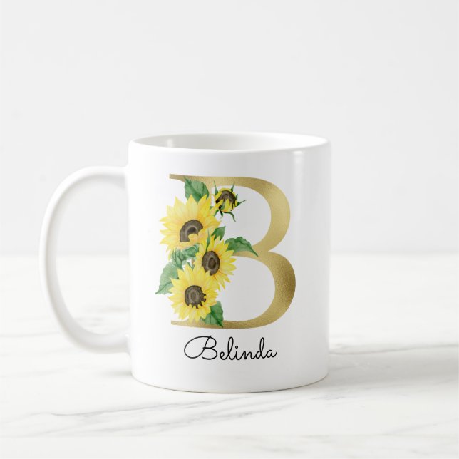 Monogram Gul Solros Girlig Blommig Initial B Kaffemugg (Vänster)