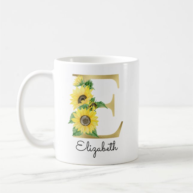 Monogram Gul Solros Girly Blommig Initial E Kaffemugg (Vänster)