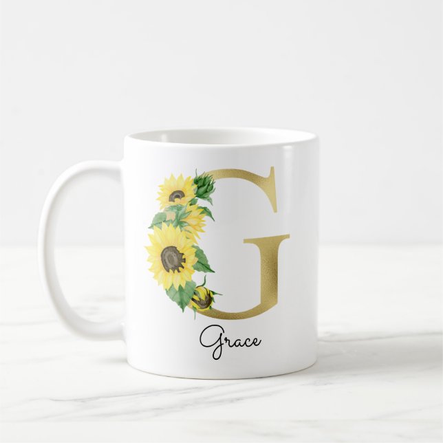 Monogram Gul Solros Girly Blommig Initial G Kaffemugg (Vänster)