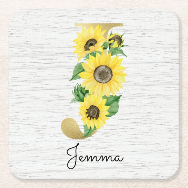 Monogram Gul Solros Girly Blommig Initial J Underlägg Papper Kvadrat (Framsidan)