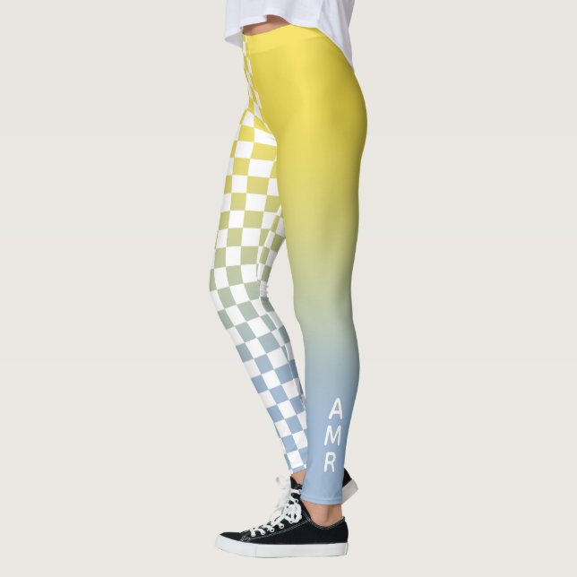 Monogram Gul till Blå Gradient Rutigt Mönster Leggings (Vänster)