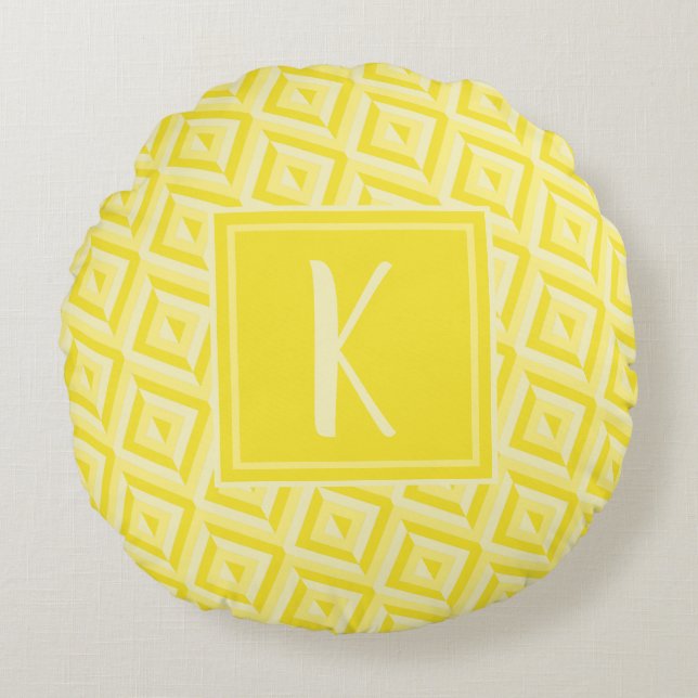 Monogram Gul Trefärgad Diamantmönster Rund Kudde (Framsidan)