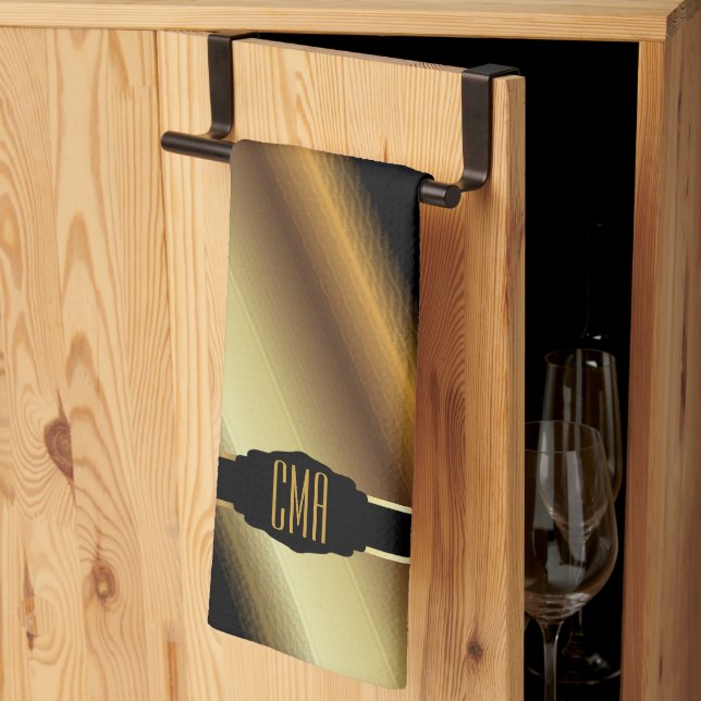 Monogram Guld Abstrakt Diagonala Ränder Kökshandduk (Thirds Fold)