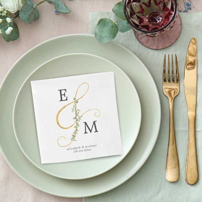 Monogram Guld Ampersand Eucalyptus Bröllop Pappersservett (Skapare uppladdad)