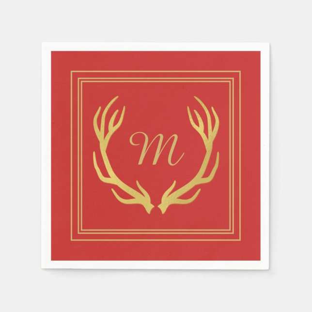 Monogram Guld Antlers jul Pappersservett | Röd (Framsidan)