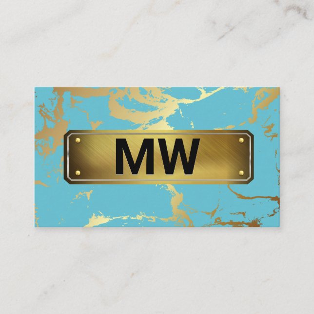 Monogram | Guld Backing | Teal Guld Marble Visitkort (Framsida)