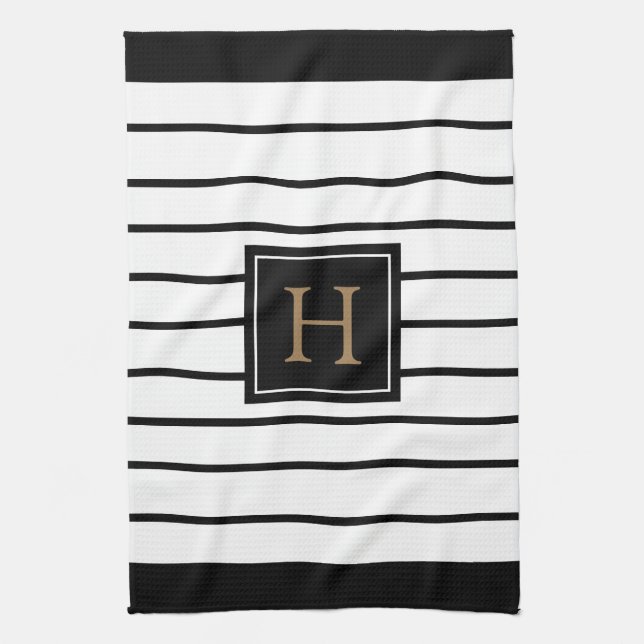 Monogram Guld Black and White Stripe Kökshandduk (Vertikal)